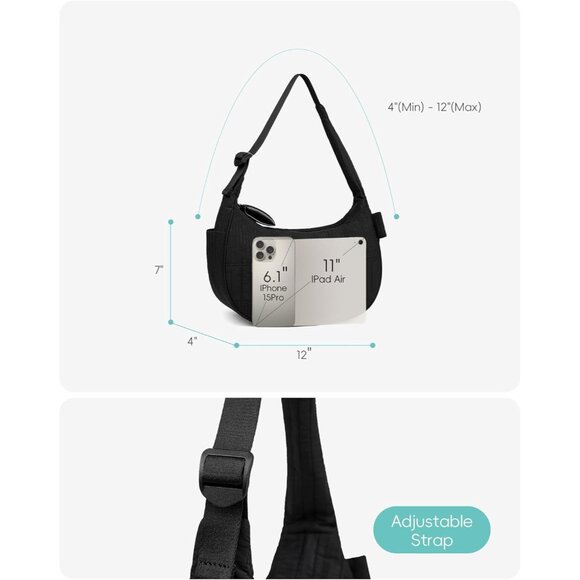 Crescent Women's Light Quilted Puffy Black Shoulder Bag for Travel - Picture 3 of 8